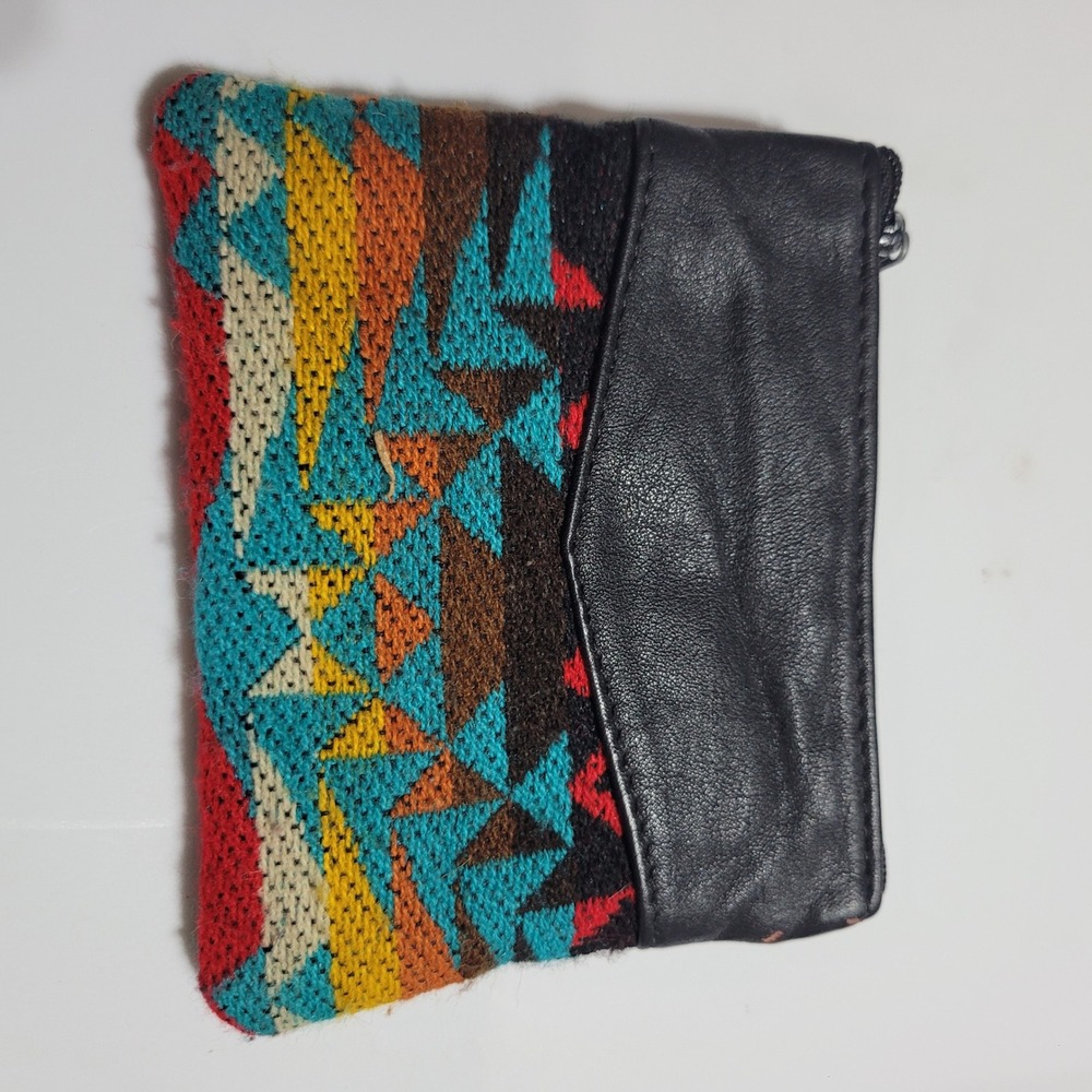 Southwestern Woven Tapestry and Black Leather Zip Coin Purse Geometric Pouch